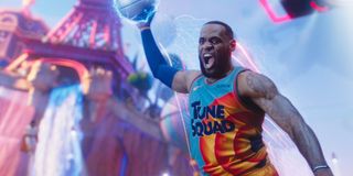 Lebron James in mid dunk in Space Jam A New Legacy.
