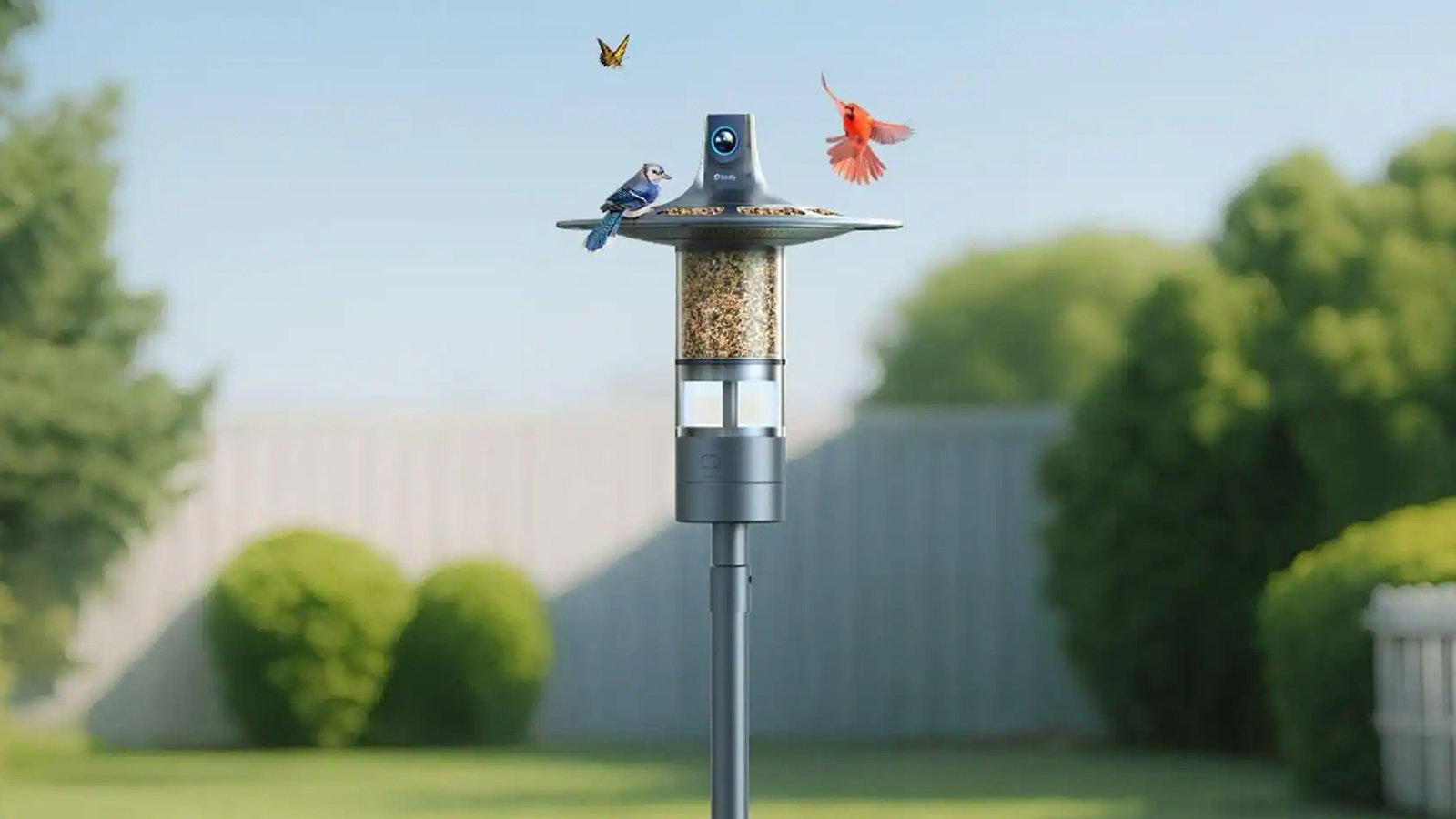 Birdfy Feeder Vista in garden with birds visiting