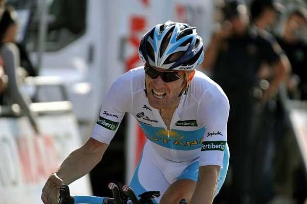 A big grimace from stage winner Levi Leipheimer as he crosses the line