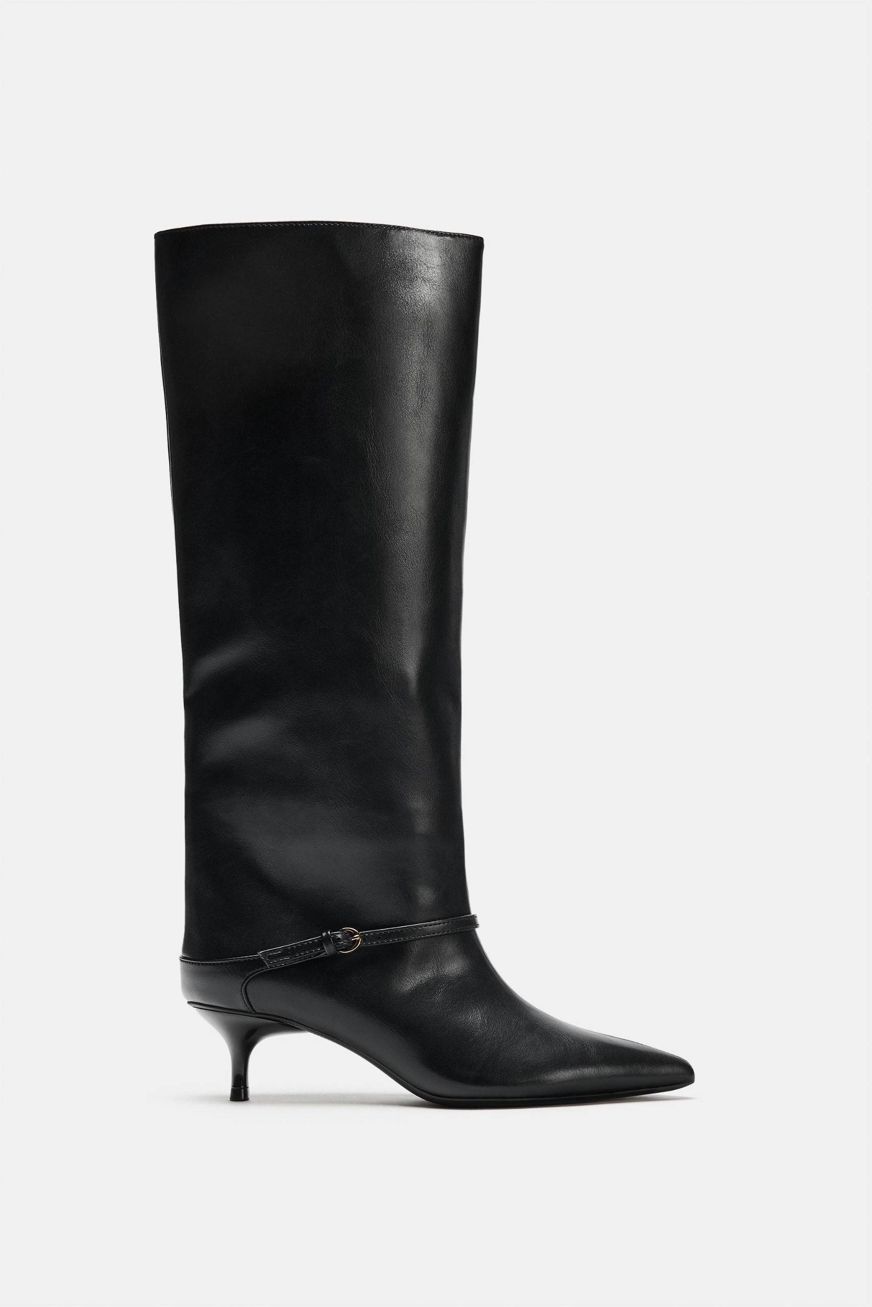 Kitten Heel Buckle Knee-High Boots - Black - 2