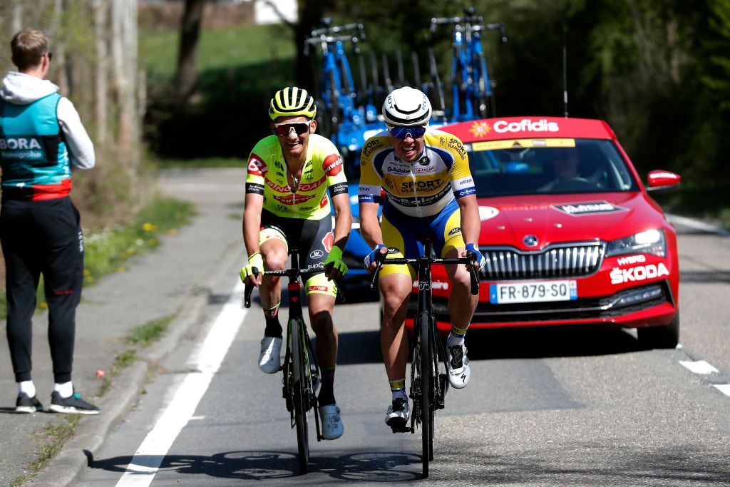 HUY BELGIUM APRIL 20 LR Luc Wirtgen of Luxembourg and Team Bingoal Pauwels Sauces WB and Jens Reynders of Belgium and Team Sport Vlaanderen Baloise compete in the chase during the 86th La Flche Wallonne 2022 Mens Elite a 2011km one day race from Blegny to Mur de Huy 204m WorldTour FlecheWallonne on April 20 2022 in Huy Belgium Photo by Bas CzerwinskiGetty Images