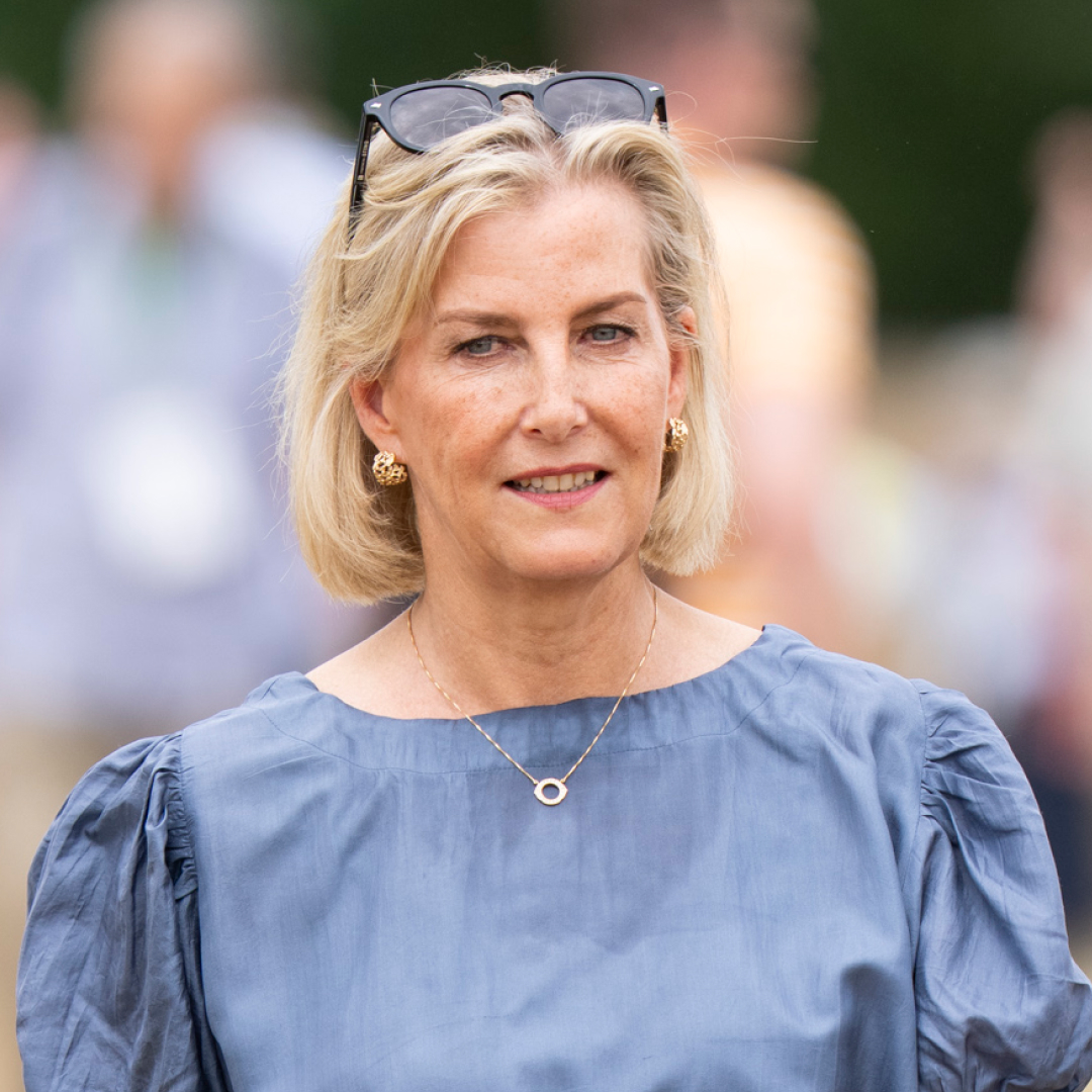 Duchess Sophie wearing a blue top and smiling