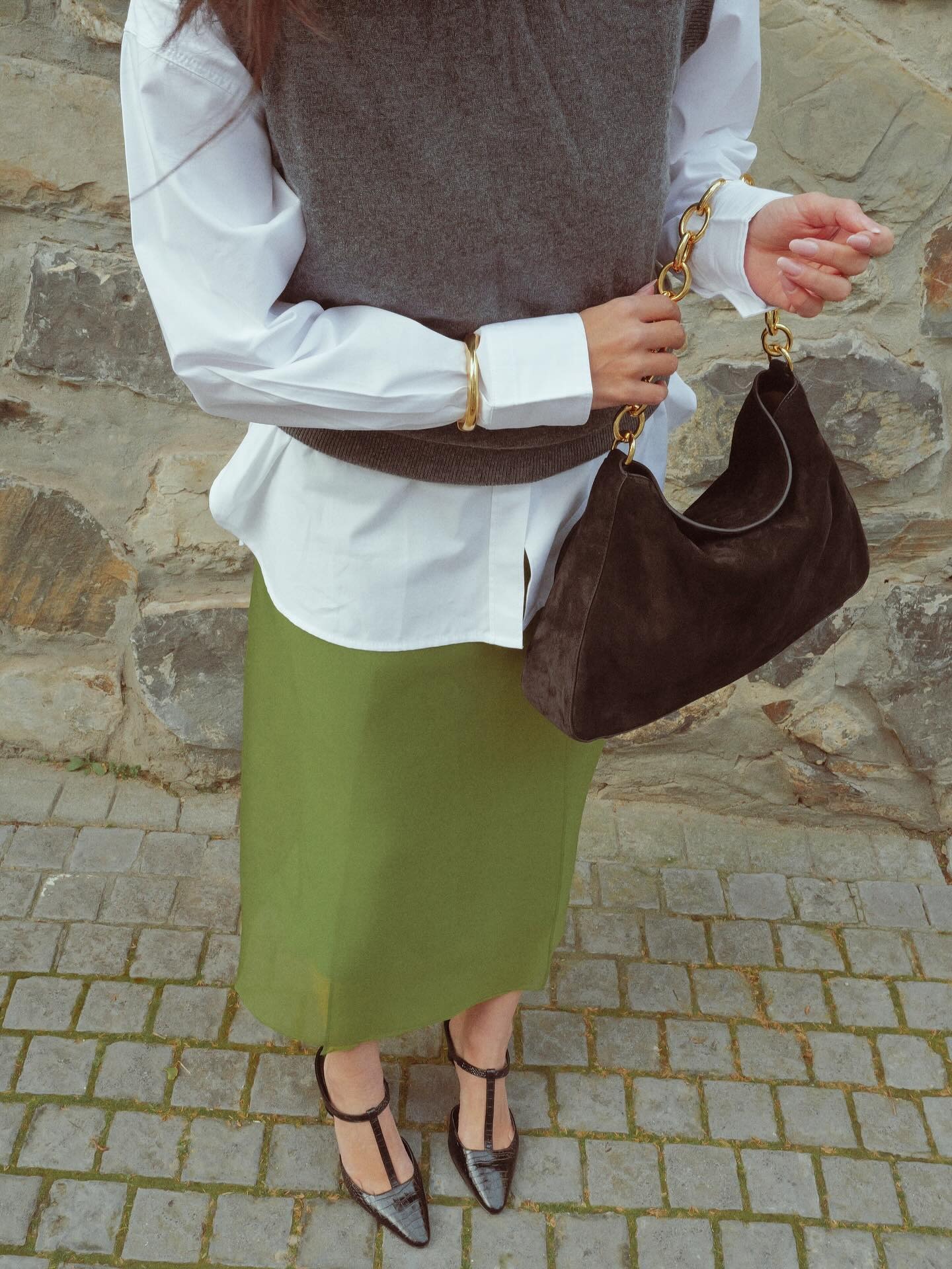 Influencer wearing t-strap heels