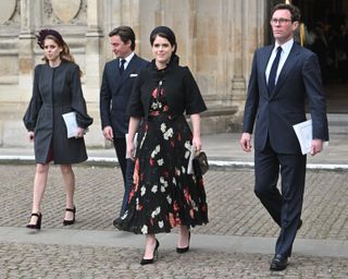 Jack Brooksbank, Princess Eugenie of York, Princess Beatrice of York and Edoardo Mapelli Mozzi depart after the Memorial Service For The Duke Of Edinburgh