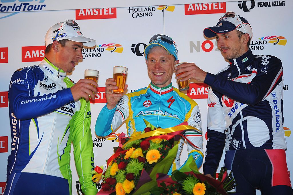 Cycling : 47th Amstel Gold Race 2012
Podium / Peter SAGAN (Slo)/ Enrico GASPAROTTO (Ita)/ Jelle VANENDERT (Bel)/ Celebration Joie Vreugde /
Maastricht - Valkenburg - Cauberg (256,5Km)/
(c)Tim De Waele