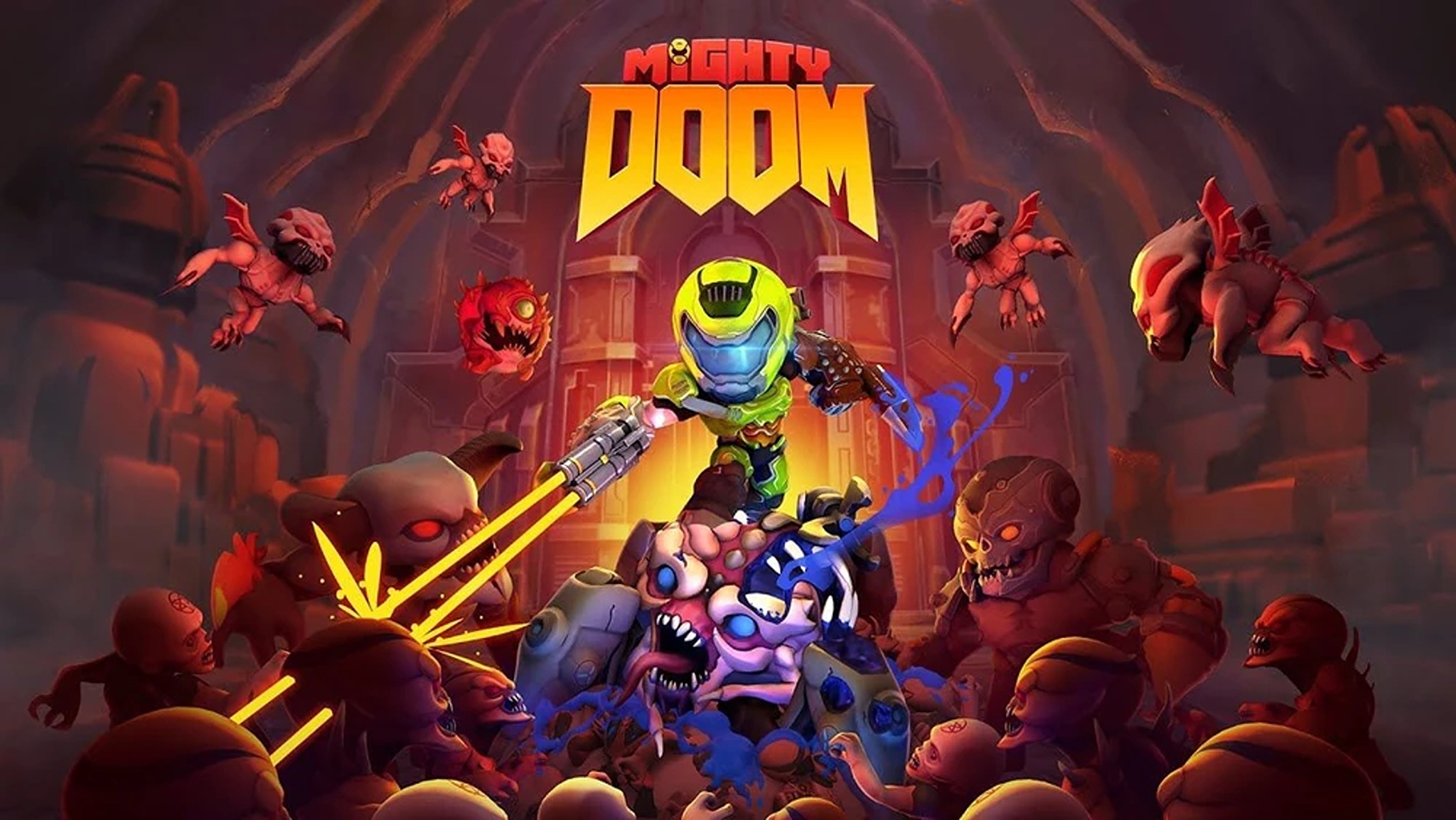 A stylized cartoon character in green armor fights a horde of red demons in a dark, cavernous environment under the Mighty Doom game logo title.