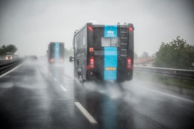 The Team Sky camper van travels to the finish on stage 12 of the Giro d&rsquo;Italia
