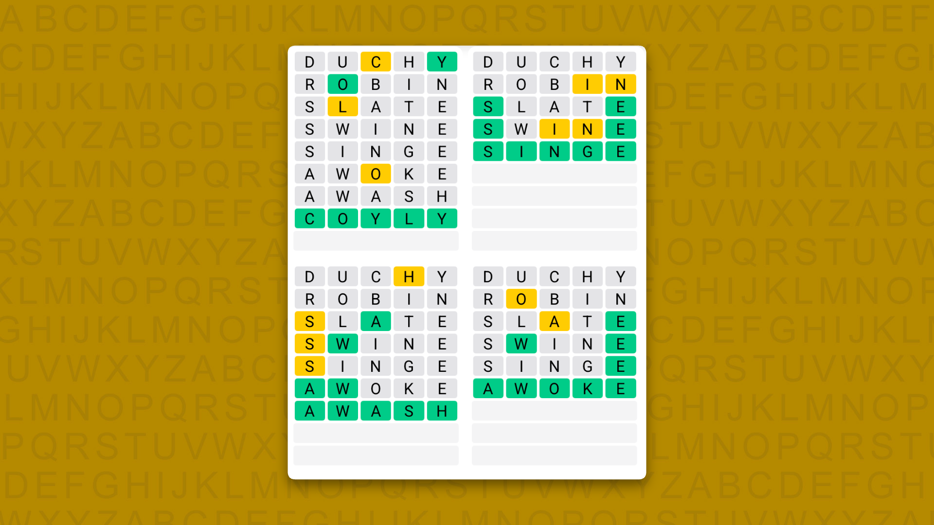 Quordle answers for game 1640 on a yellow background
