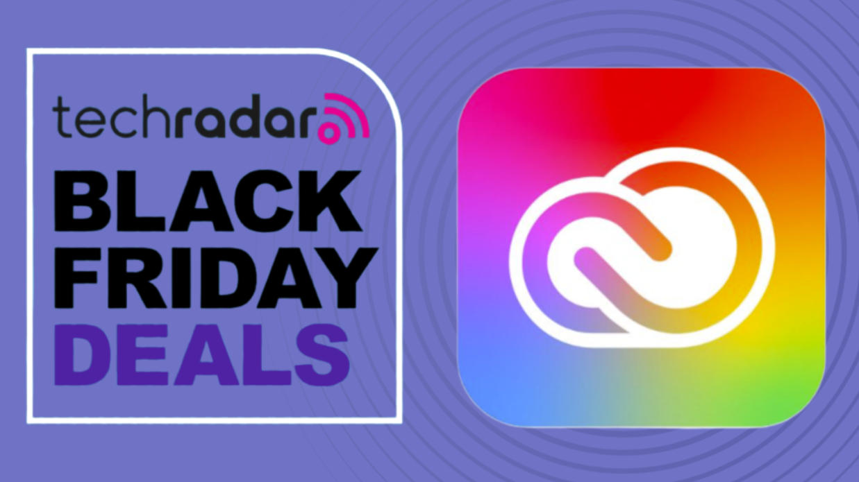 Adobe Creative Cloud logo on a purple background next to a TechRadar badge reading 'Black Friday deals'