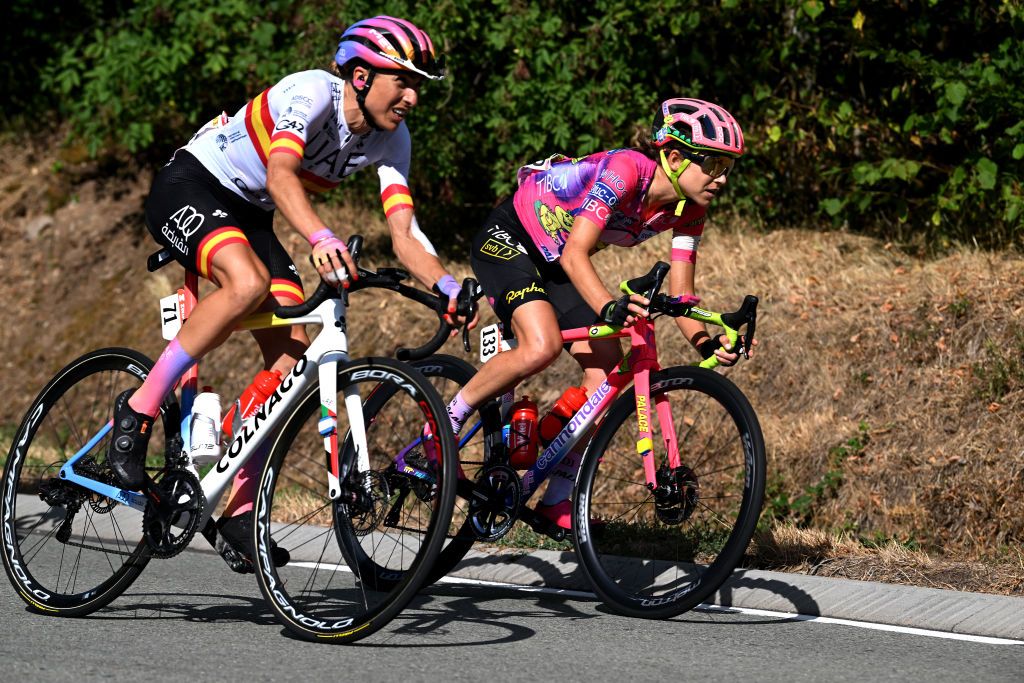 PLANCHE DES BELLES FILLES FRANCE JULY 31 LR Margarita Victoria Garcia Caellas of Spain and UAE Team ADQ Kristabel DoebelHickok of United States and Team EF Education Tibco Svb compete during the 1st Tour de France Femmes 2022 Stage 8 a 1233km stage from Lure to La Super Planche des Belles Filles TDFF UCIWWT on July 31 2022 in Planche des Belles Filles France Photo by Dario BelingheriGetty Images
