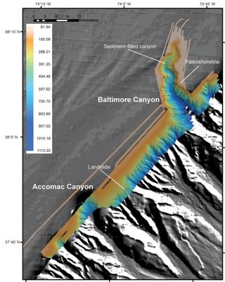 High-resolution multibeam bathymetry collected in and between Baltimore and Accomac Canyons during the June 2011 cruise. Color key at left shows depths (in meters).