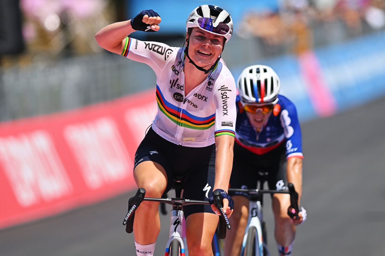 Lotte Kopecky celebrates in second after watching teammate Fisher-Black win stage 3