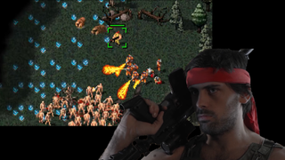 A compilation of an actor in faux military gear over a pixelated RTS videogame screenshot.