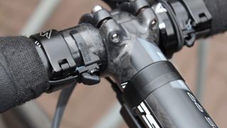 Stybar has bare Shimano Di2 sprinter shifters for shifting with his thumbs, plus bar-top brake levers