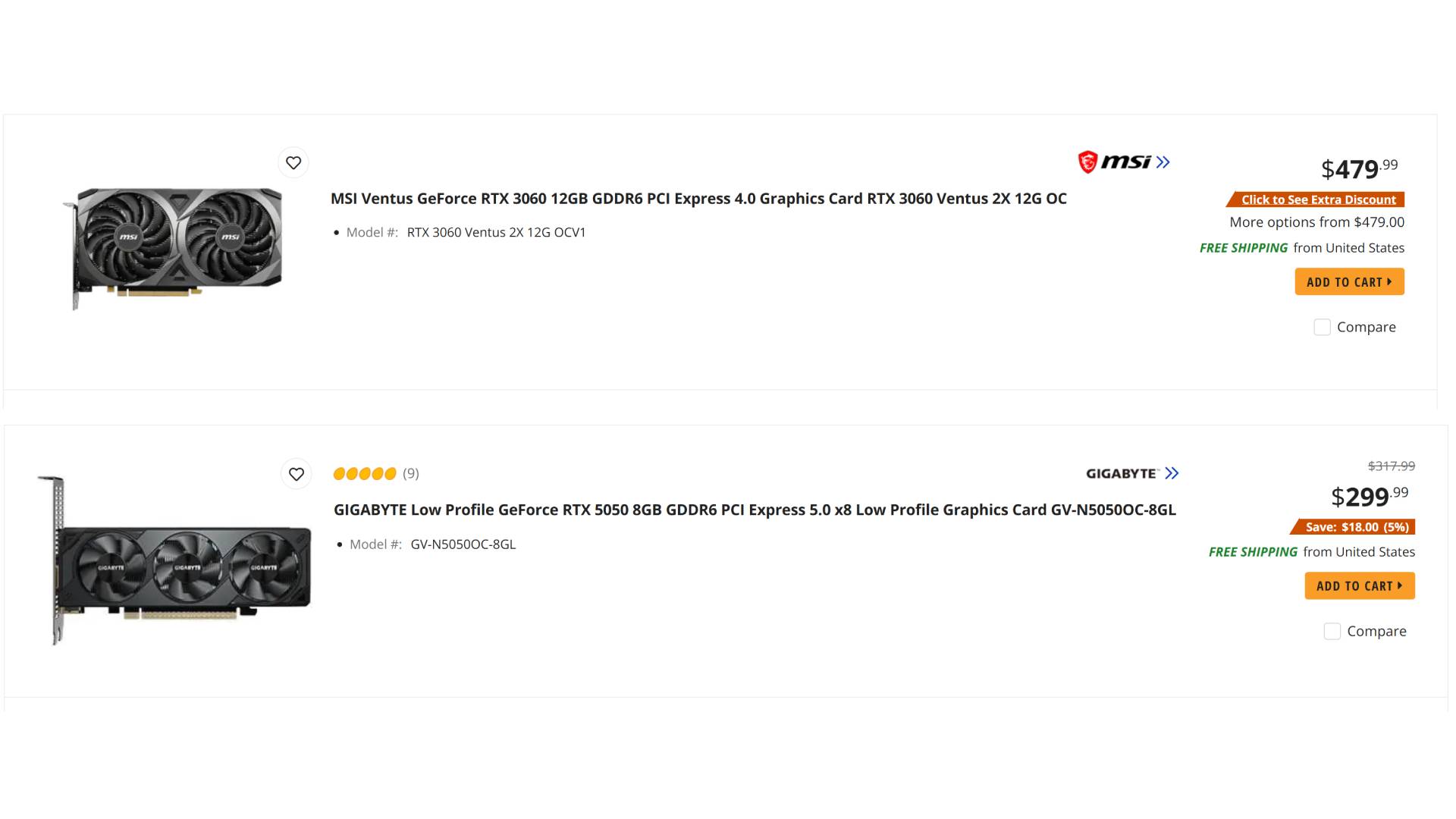RTX 3060 12GB listing on top and RTX 5050 listing below at Newegg.