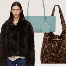 Collage of leopard print bag, blue shoulder bag, faux fur coat