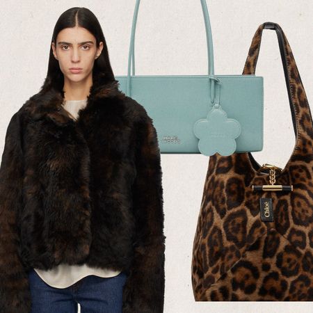 Collage of leopard print bag, blue shoulder bag, faux fur coat