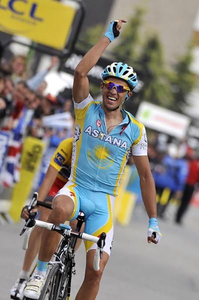 Alberto Contador celebrates his stage win for Team Astana.