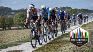 Mathieu van der Poel leads a group packed with WorldTour pros at the first UCI Gravel World Championships Sprint Cycling Agency