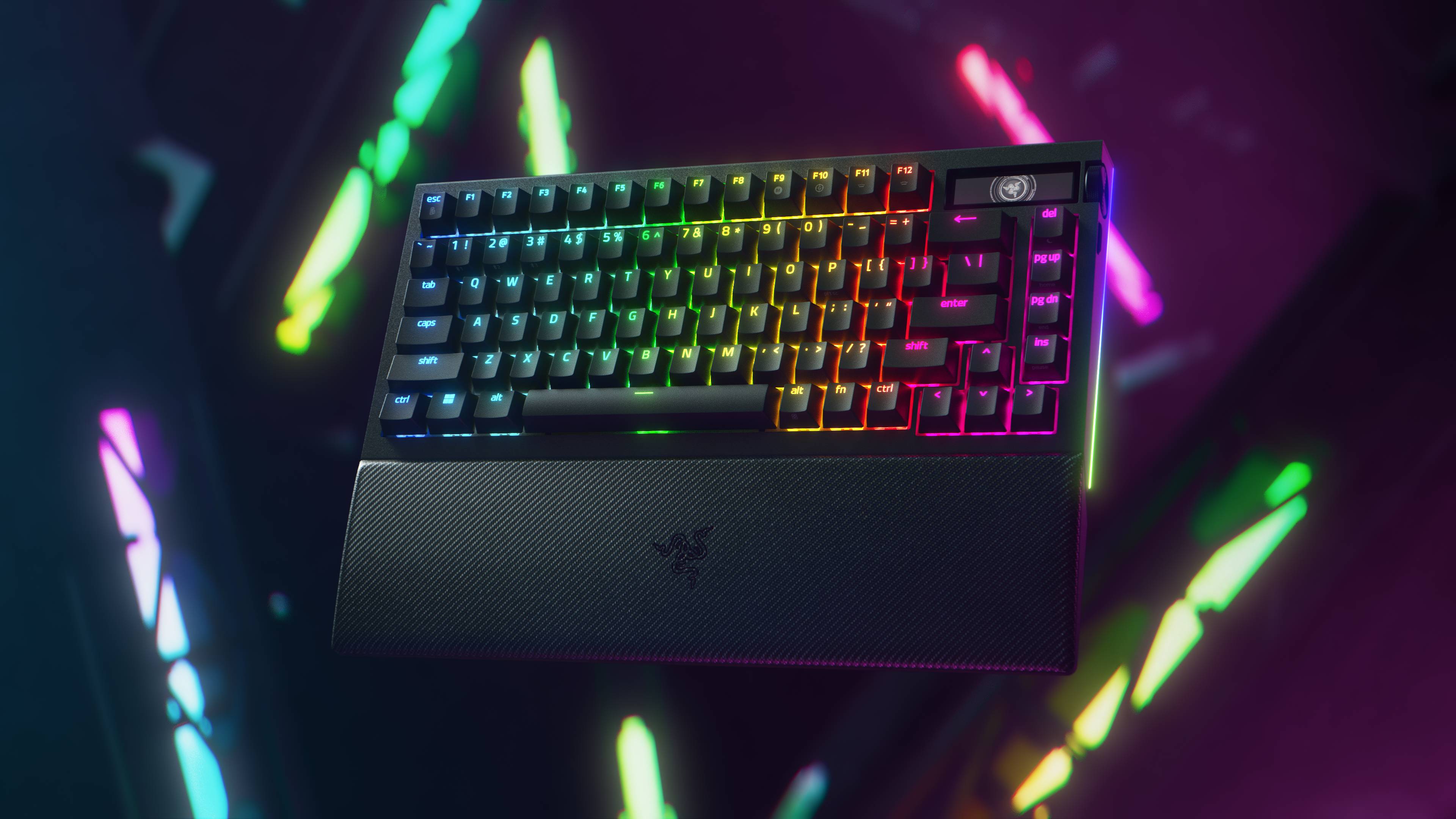 The Razer BlackWidow V4 Pro 75% floating in the air with various rainbow lights in the background.