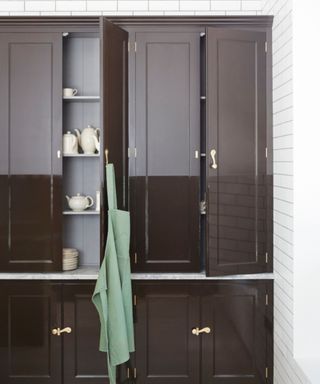 A glossy brown kitchen cabinet features gold latch and hardware detailing