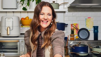 Drew Barrymore's Beautiful Kitchenware, drew barrymore cooking in the kitchen, Drew Barrymore kitchen line