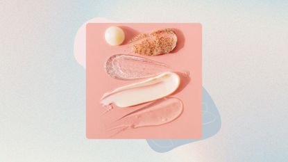 a blue backdrop with an image of swatches of various primers, some cream, come gel, some grainy and one in a thick sphere