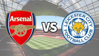The Arsenal and Leicester City club badges on top of a photo of Emirates Stadium in London, England
