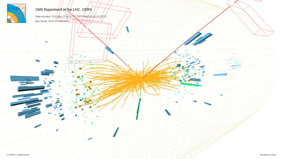 A Higgs boson candidate event at the LHC&#039;s CMS.