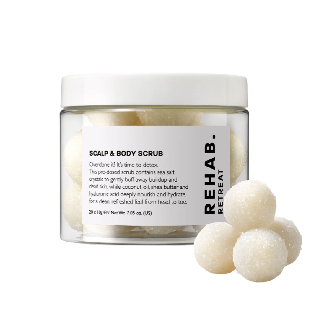 A product shot of the Rehab. Scalp and Body Scrub, on a white background