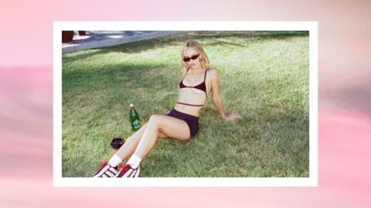 Lily-Rose Depp bikini - actress Lily-Rose Depp pictured sitting on grass, wearing a black bikini and sunglasses in the first episode of HBO's 'The Idol'/ in a pink template