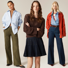 Split image of J.Crew models wearing fall trends on gradient beige background