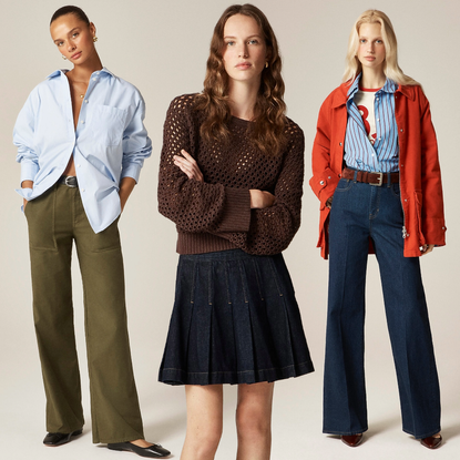 Split image of J.Crew models wearing fall trends on gradient beige background