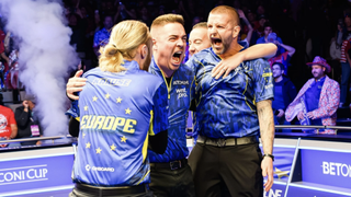 Team Europe celebrating wildly after winning the Mosconi Cup in 2024