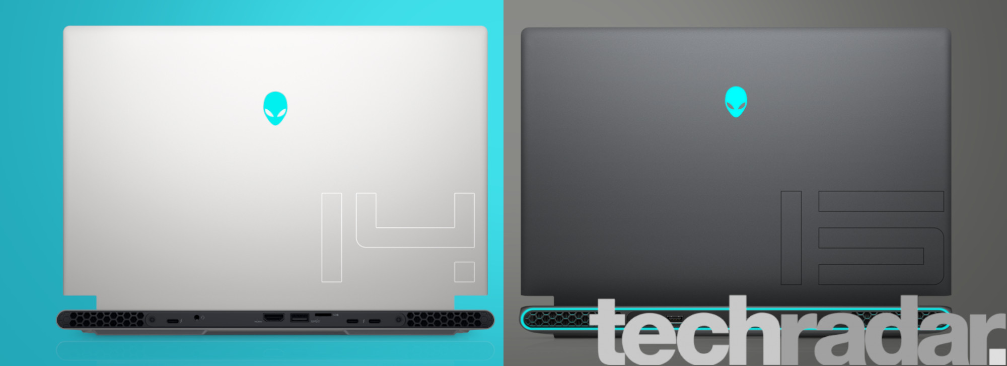 Two alienware gaming laptops on teal and grey background with techradar logo