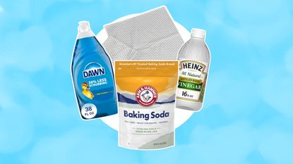 These are the cleaning products from Amazon the pros use - a yellow and white bag of baking powder, a blue dish soap bottle, a white and green vinegar bottle and a microfiber cloth, with a blue background behind