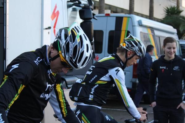All systems go: HTC-Highroad riders make sure they're set up before the ride