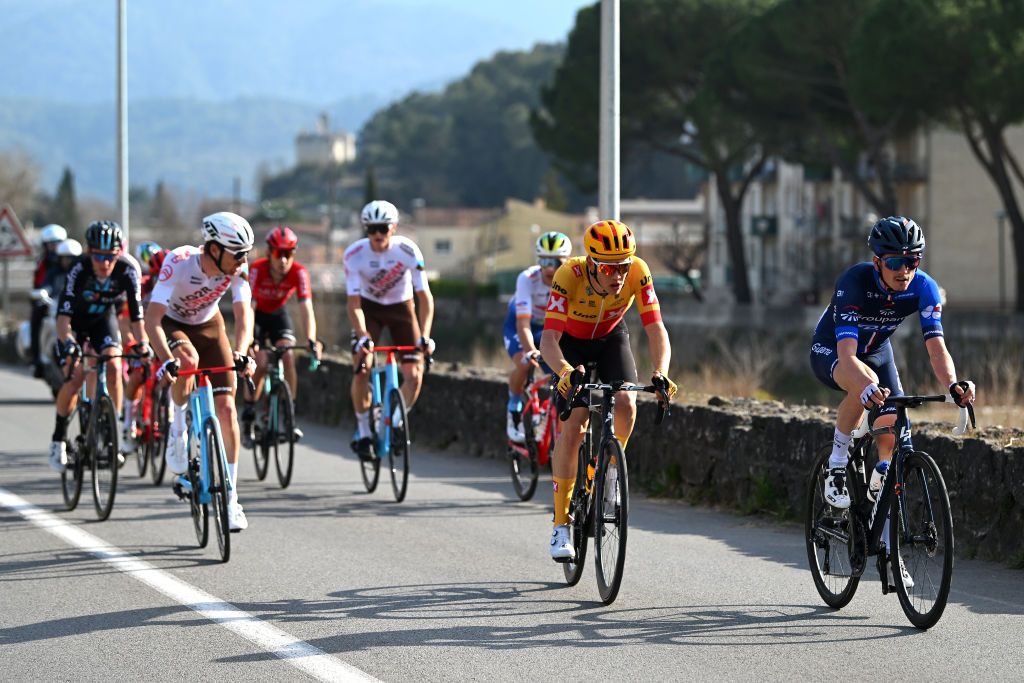 VENCE FRANCE FEBRUARY 19 LR Jonas Wilsly of Denmark and UnoX Pro Cycling Team and David Gaudu of France and Team Groupama FDJ compete during the 55th Tour Des Alpes Maritimes Et Du Var 2023 Stage 3 a 1318km stage from VillefranchesurMer to Vence tour0683 on February 19 2023 in Vence France Photo by Luc ClaessenGetty Images