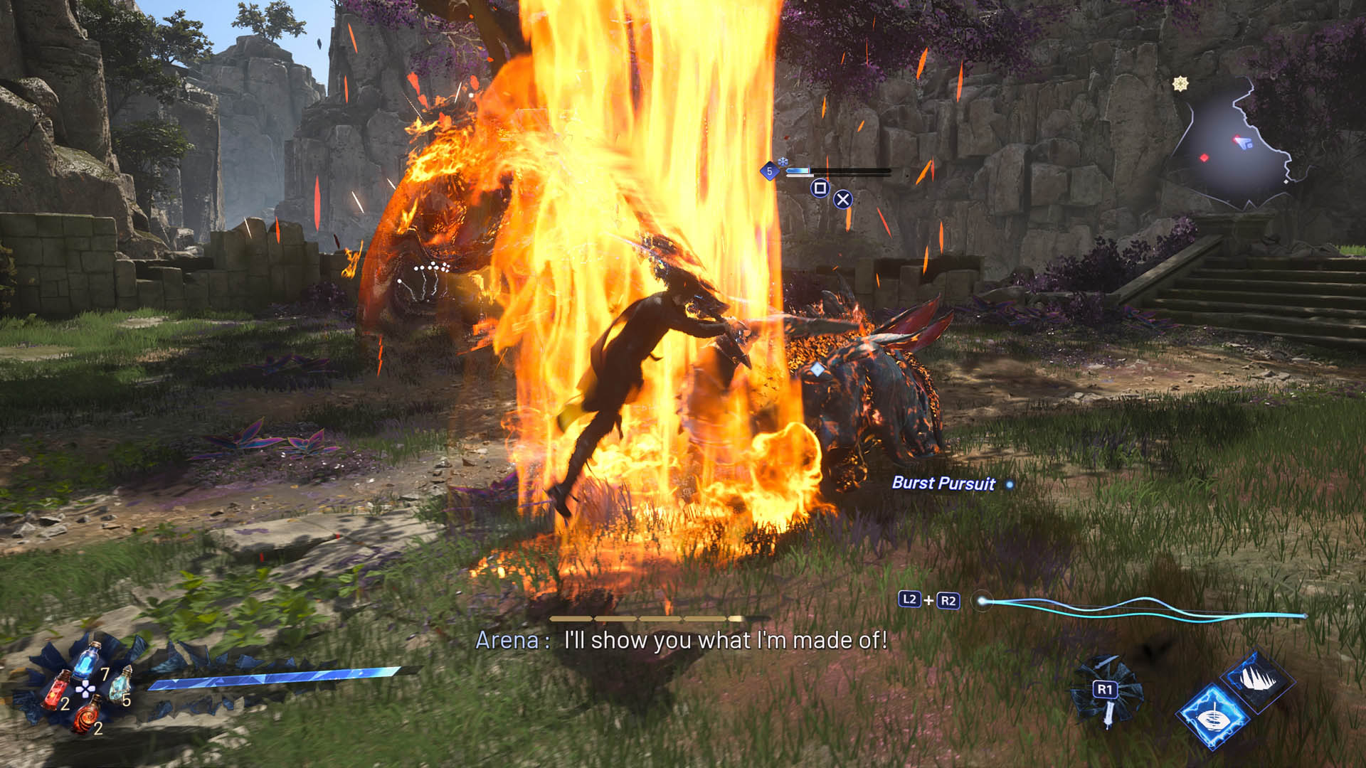 Kaser flips as he uses his greatsword to call forth a stream of fire in Lost Soul Aside