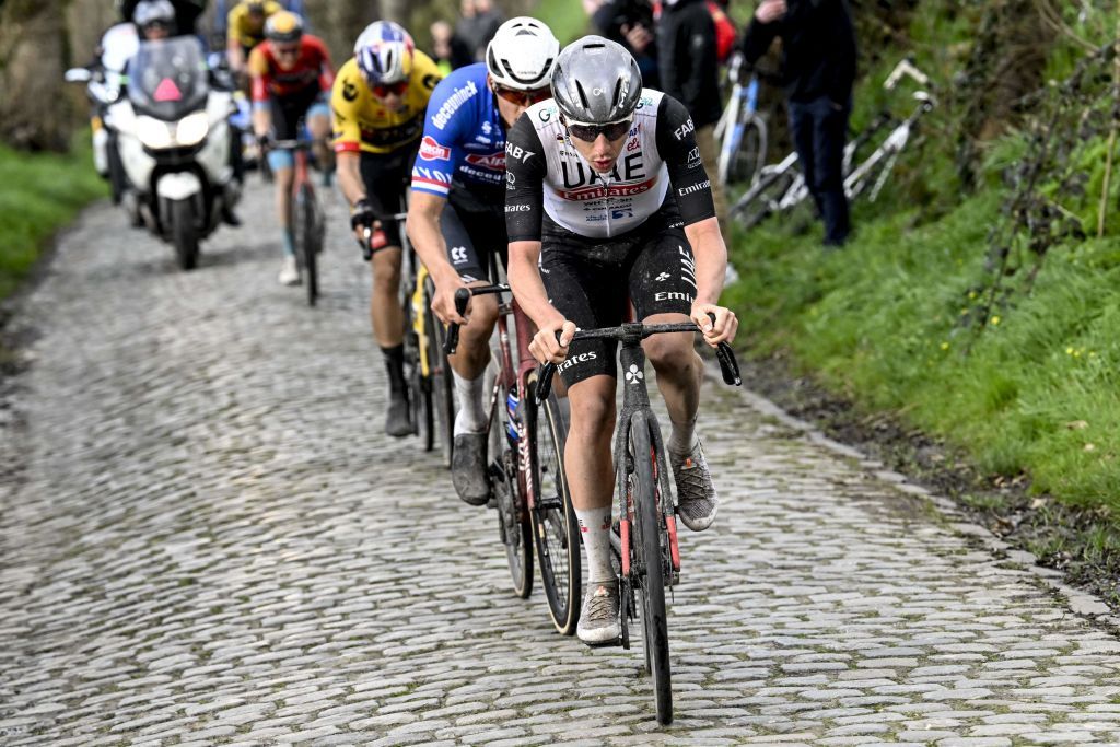 Tadej Pogacar, Wout van Aert and Mathieu van der Poel racing at E3 Saxo Bank Classic