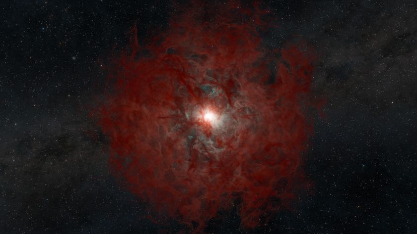 An illustration of a dark section of space with a few stars and there's a glowing white orb in the center. There's a shell of red material around it.