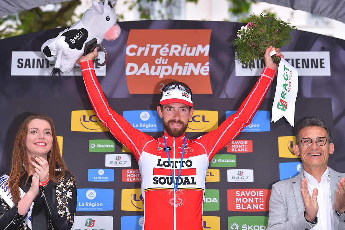 Thomas De Gendt celebrates a Crit&eacute;rium du Dauphin&eacute; stage victory.