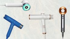 A collage of some of the quietest hair dryers featured in this guide, including models from the following brands: Zuvi, Beauty Works, Dyson, and Hershesons, all featured on a blue and white textured template