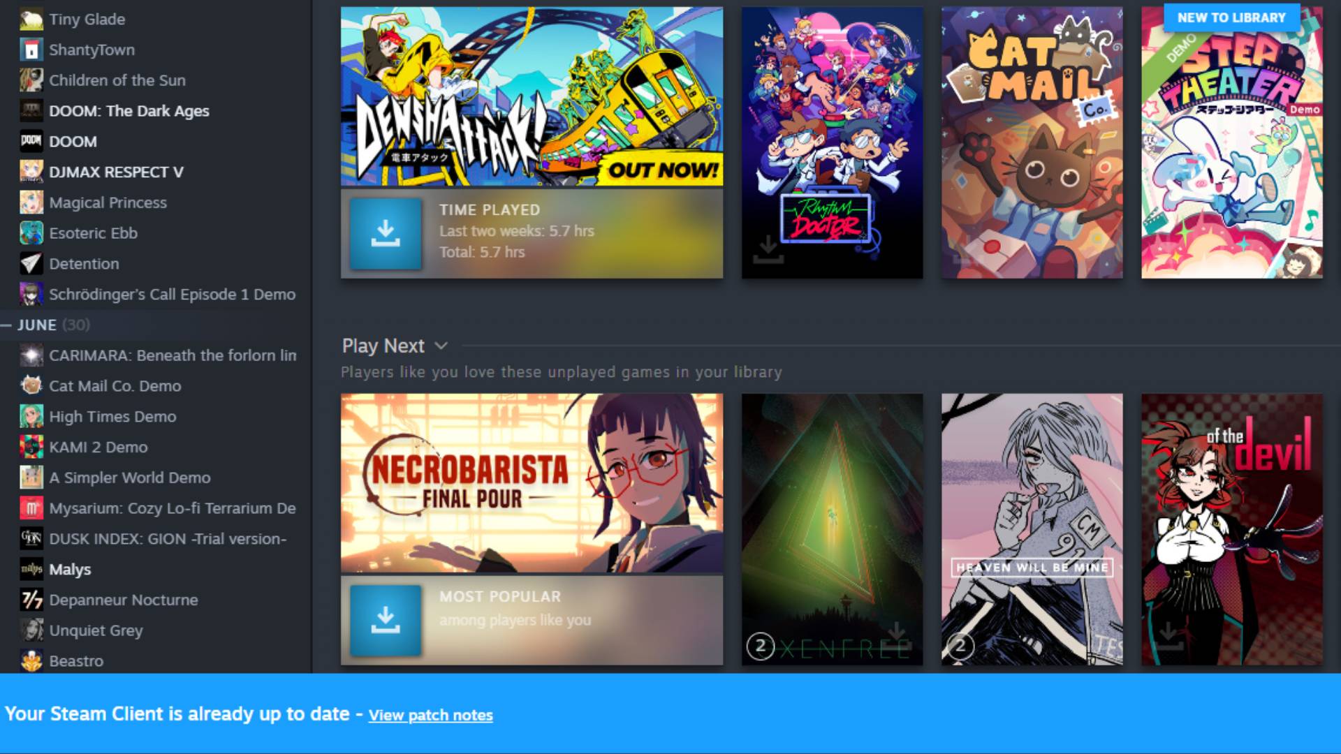A close up of a the Steam Client on PC. A blue pop up bar at the bottom of the window indicates the client is up to date.