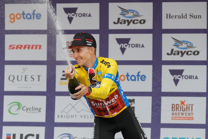 Jai Hindley (Sunweb) enjoys having taken the yellow leader&rsquo;s jersey after winning stage 2 of the 2020 Herald Sun Tour at Falls Creek