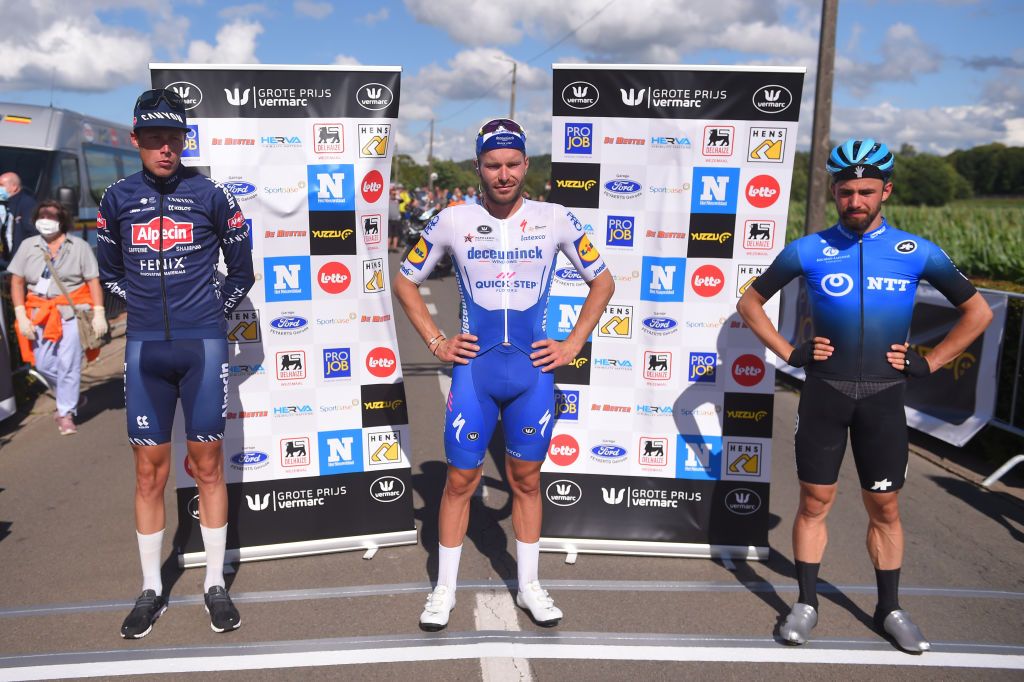 Dutch Oscar Riesebeek of AlpecinFenix French Florian Senechal of Deceuninck QuickStep and Belgian Victor Campenaerts of NTT Pro Cycling pictured after the Grote Prijs Vermarc Sport one day cycling race 10 laps with a total of 160km Sunday 05 July 2020 in Rotselaar The race is the first professional cycling competition during the coronavirus crisis Public is not allowed at the start and finish BELGA PHOTO LUC CLAESSEN Photo by LUC CLAESSENBELGA MAGAFP via Getty Images