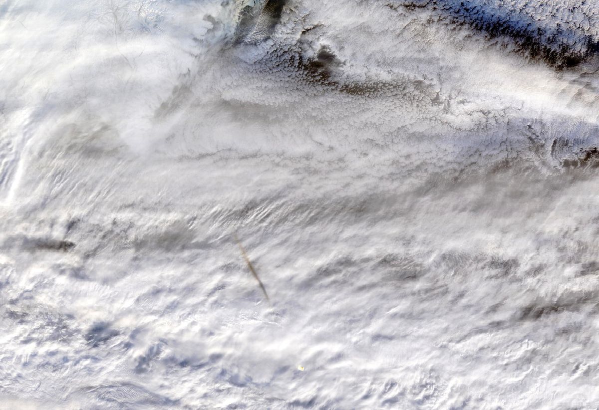 NASA&#039;s Terra satellite captured this image of the fireball that exploded over the Bering Sea on Dec. 18, 2018.