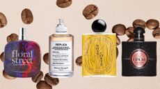 A collage of Coffee perfumes featured in this piece, including Floral Street's Ylang Ylang Espresso, Maison Margiela's Replica Coffee Break, Diptyque's Bois Corsé and YSL's Black Opium, on a neutral background with coffee beans scattered across it.