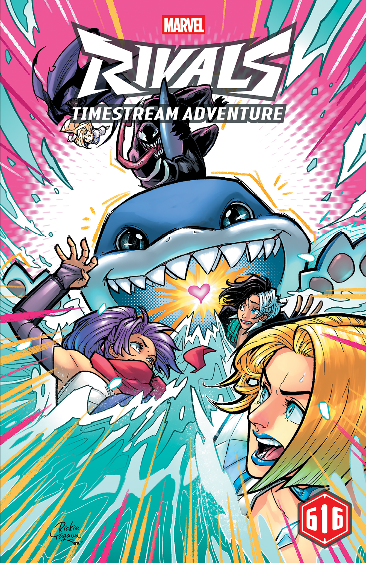 Jeff the Landshark swallowing up Luna Snow, Emma Frost, and Psylocke on the cover of Marvel Rivals: Timestream Adventure