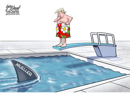 Political cartoon U.S. Trump Mueller Russia investigation shark water